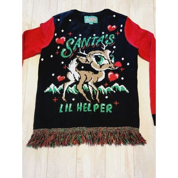 Ugly Christmas Sweater M Rudolph Santa's Little Helper Fringe Blk/Red - Picture 5 of 6